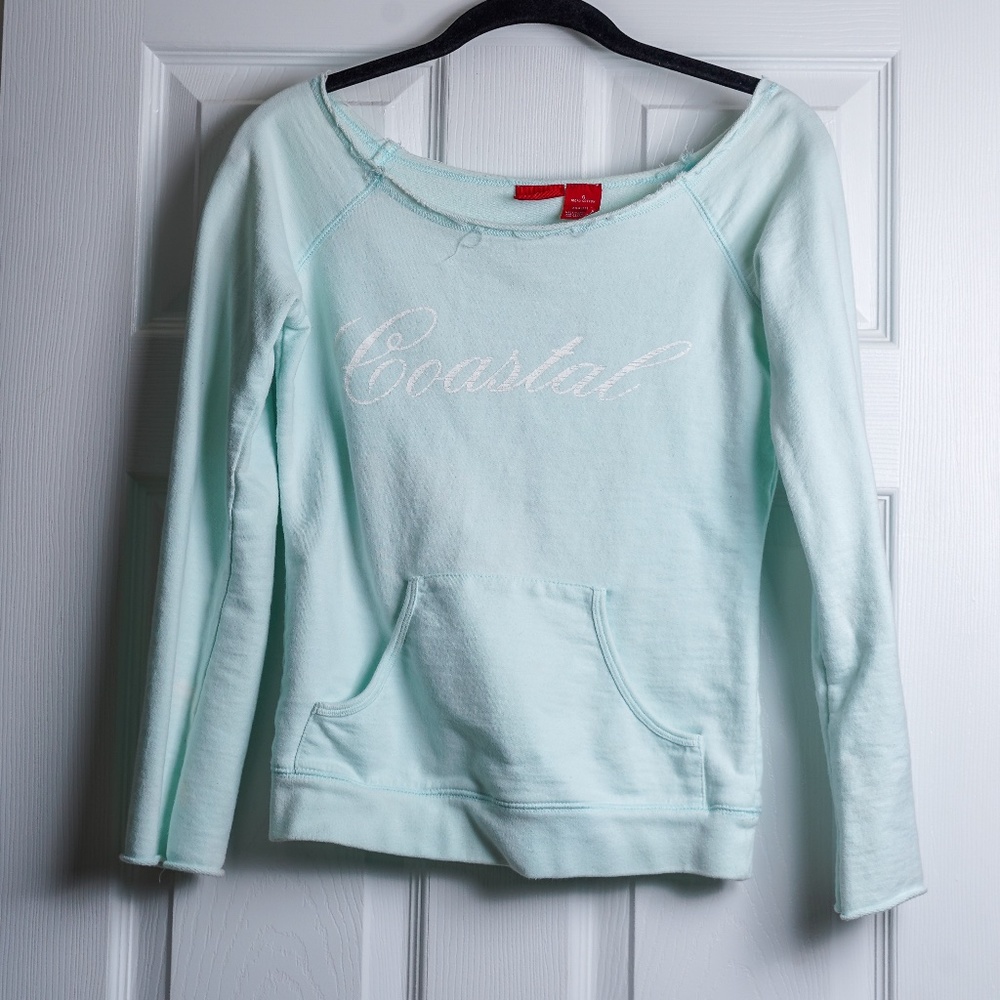 Mossimo Teal Sweater Green Blue Pullover Cotton Off Shoulder Beach Vacation